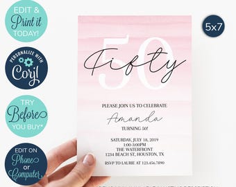 EDITABLE 50th Birthday Invitation, Elegant 50th Invitation, Surprise Birthday Party, 50th Birthday Invite, Female, Adult Birthday, Pink