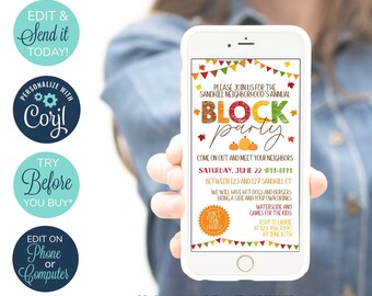 Pode incluir: Um convite digital editável para uma festa de bairro. O convite apresenta um tema outonal colorido com abóboras, folhas e estrelas. O texto diz "Junte-se a nós para a festa anual de quarteirão de Sandhill" e inclui a data, a hora e o local do evento. O convite também menciona que haverá cachorros-quentes, hambúrgueres e jogos de escorregador d'água para crianças.