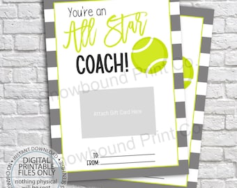 Porte-cartes cadeau imprimable entraîneur de tennis, porte-cartes cadeau imprimable, appréciation de l'entraîneur, cadeau entraîneur de tennis, carte de remerciement, équipe sportive