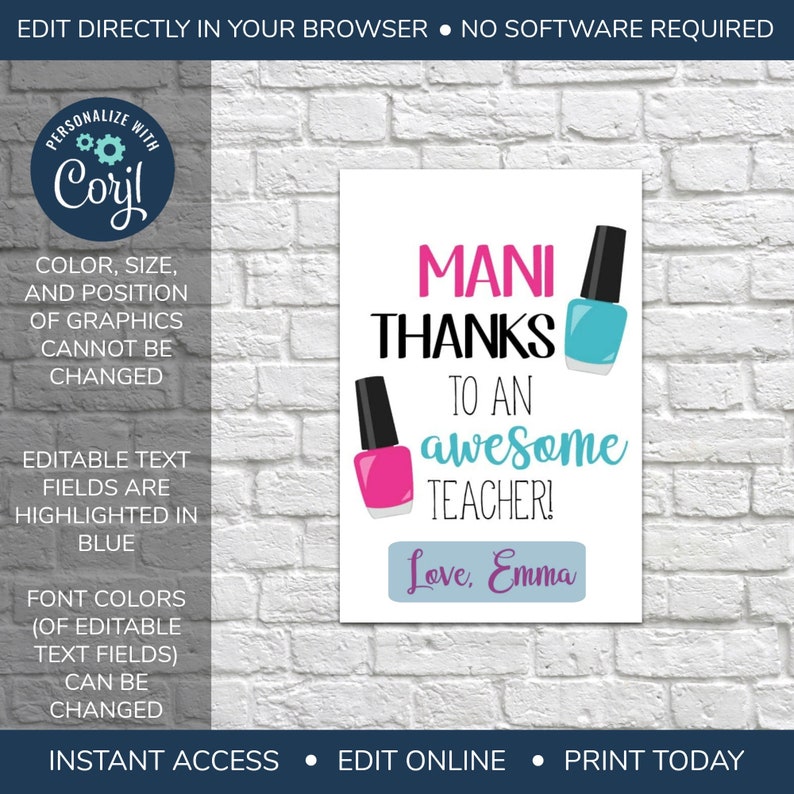 EDITABLE Mani Thanks Teacher Tag Printable Thank You for - Etsy