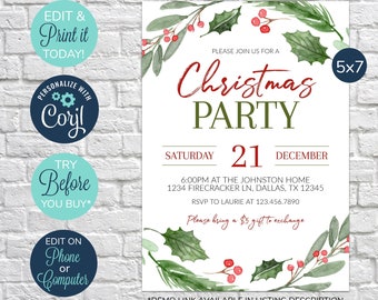 EDITABLE Christmas Party Invitation, Christmas Invitation, Christmas Invites, Dinner Party Invitation, Holiday Party Invitation, Holly