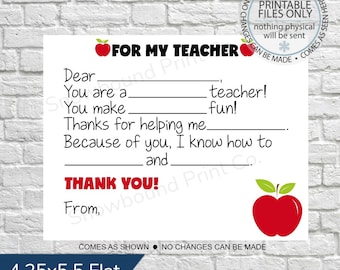 Druckbare Dankes-Postkarte, druckbare Kinder-Ausfüll-Lehrer-Dankeskarte, Lehrer-Anerkennung, Kinder-Dankeskarte, Geschenk-Dankeschön