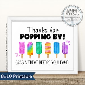 Printable Thank You for Popping By Favors Sign, Popsicle Party Signs, Popsicle Birthday, Pool Party, Summer Birthday Party, Favors Sign