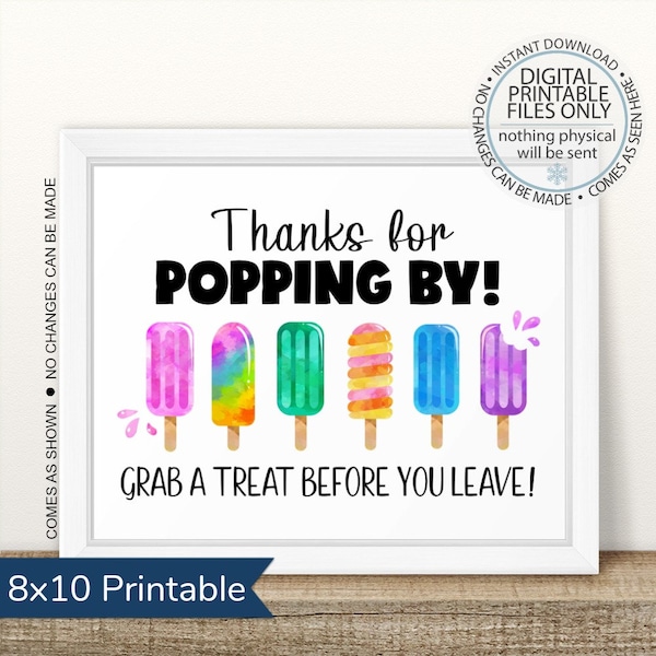 Printable Thank You for Popping By Favors Sign, Popsicle Party Signs, Popsicle Birthday, Pool Party, Summer Birthday Party, Favors Sign