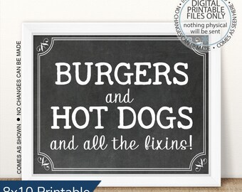 Printable Party Hamburgers and Hot Dogs, Open House Sign, Graduation Party, All the fixin's, Burger Bar sign, Hot Dog sign, Barbecue Picnic