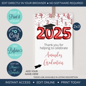EDITABLE Graduation Party Favor Tags, Red Graduation Favor Tags, Personalized Graduation Tags, Favor Tags, Class of 2025, Balloon Confetti