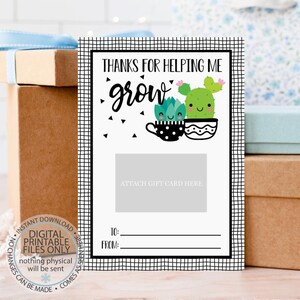 Imprimable Merci de m'avoir aidé à grandir Porte-cartes d'enseignant, Porte-cartes de remerciement, Cadeaux pour enseignant