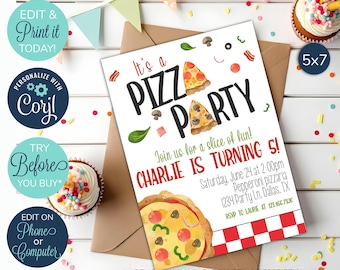 May include: A 5x7 pizza party invitation with the text "It's a Pizza Party" and "Charlie is turning 5!" The invitation includes pizza slice illustrations and party details. The design is on a white background with a brown envelope.
