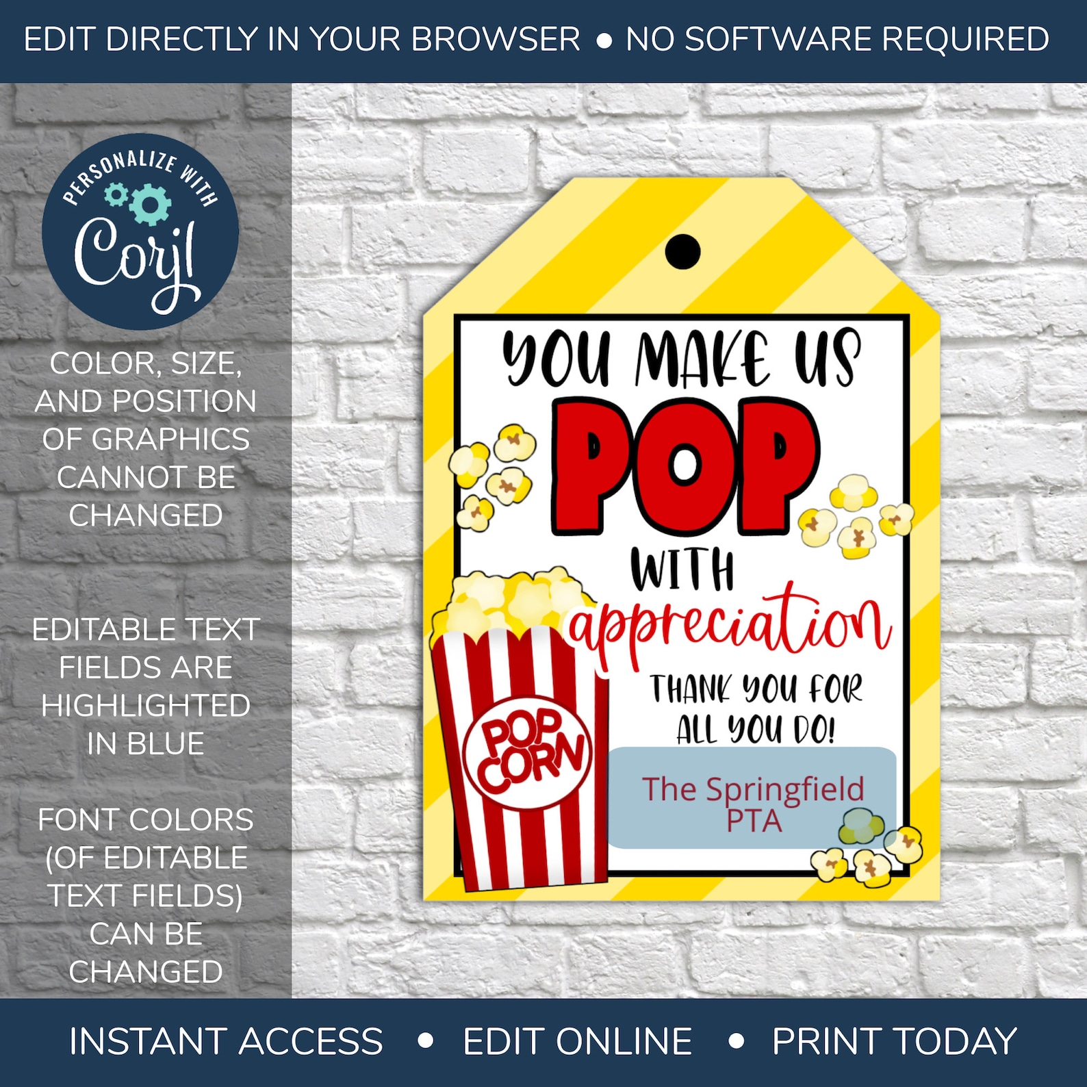 EDITABLE Popcorn Appreciation Gift Tag Teacher Staff Employee Etsy