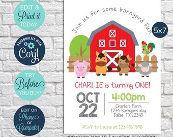 EDITABLE Farm Birthday Invitation, Farm Invitation, Barnyard Invitation, Farm Party, Barnyard Bash Invitation, Farm Animals, 1st Birthday