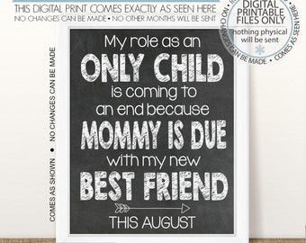 May include: A black and white chalkboard style sign with the text "My role as an ONLY CHILD is coming to an end because MOMMY IS DUE with my new BEST FRIEND THIS AUGUST". The sign is framed in white and has a white background.
