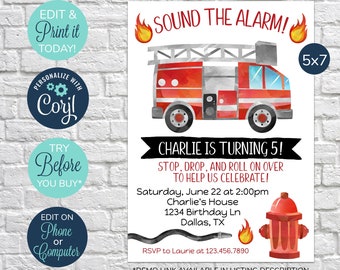 EDITABLE Fire Truck Invitation, Birthday Party Invitation, Fire Truck Birthday, Fireman party, Boys Birthday, Birthday Invite, Firetruck