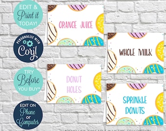 EDITABLE Donut Party Food Tents, Donut Birthday Food Labels, Printable Donut Party Decorations, Donut Printable, Donut Table Cards