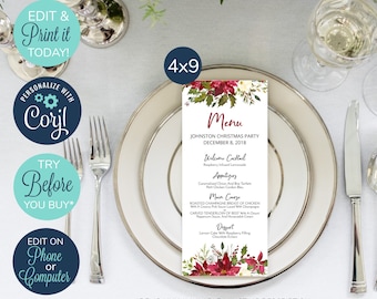 EDITABLE Christmas Menu Card Template, Holiday Menu Card, Menu Template Download, Christmas Dinner Menu Template Card, Poinsettia