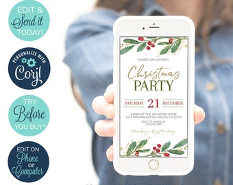 May include: A smartphone displaying a Christmas party invitation. The invitation features gold text and green and red botanical accents. The phone is held by a person. The image also includes text that says "Edit Online" and "Send Today".