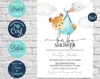 EDITABLE Baby Shower Invitation, Baby Boy Shower Invite, Blue Bear Invitation, Baby Bear Invitation, Bluek Baby Shower, It's a Boy