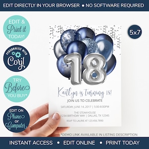 EDITABLE 18th Birthday Invitation, Navy and Silver 18th Invitation, Surprise Birthday Party, 18th Birthday Invite, Balloons Invitation
