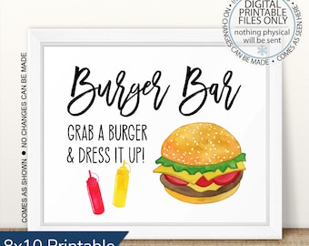 Printable Burger Bar Sign, Printable Burger Table Sign, Hamburgers Sign, Dress it up Sign, BBQ Table Sign, Barbecue Burgers Sign, Food Table