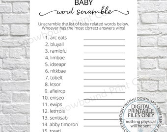 Printable Baby Word Scramble Game, Baby Shower Word Scramble Game, Gender Neutral Baby Shower Game, Word Scramble Game for Showers