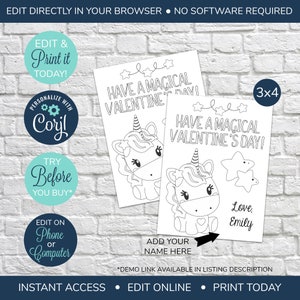 EDITABLE Classroom Valentine&#39;s Day Cards, Have a magical Valentine&#39;s Day, printable valentine, Unicorn valentine, Valentine Unicorn