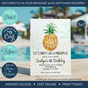 EDITABLE Pineapple Birthday Invites, Party like a pineapple, Pineapple Invitations, Adult Birthday, Kid&#39;s Birthday Invitations, Hawaiian