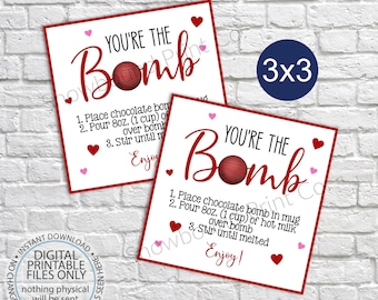 Printable Hot Chocolate Bomb Tag, Valentine's Day Hot Cocoa Bomb Tag, You're The Bomb Tag, Instructions Valentine Gift Tag Instant Download