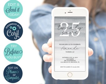 EDITABLE Electronic 25th Birthday Invitation, Adult Birthday Party Invitation, Modern Invitation, Simple Invite, Twenty Five Invitation