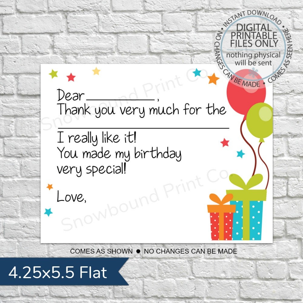 Printable Thank You Postcard Printable Kids Fill-in Birthday | Etsy