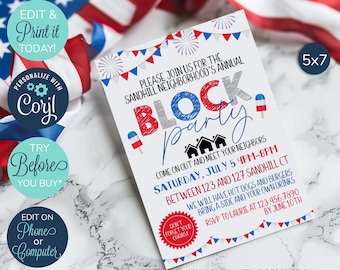 EDITIERBAR 4. Juli Einladung zur Viertelparty, Einladung zur Open House-Nachbarschaft, Einladung zur Blockparty, Einladung zur Blockparty