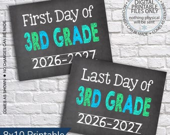 Imprimible del primer y último día de tercer grado 2026-2027, Imprimible del primer día de clases, Imagen del primer día, Letrero de pizarra, Letrero del último día
