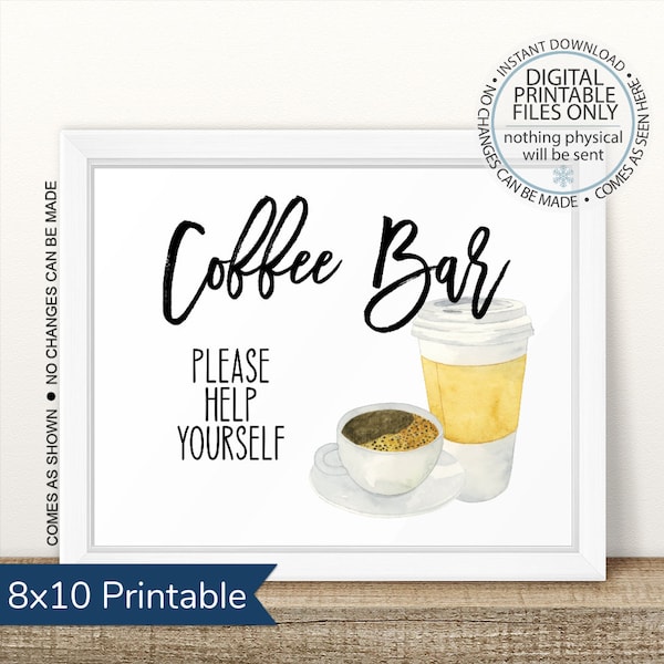 Printable Coffee Bar Sign, Printable Coffee Table Sign, Hot Coffee Sign, Help Yourself, Wedding Table Sign, Office Sign, Food Table