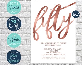 EDITABLE Rose Gold 50th Birthday Invitation, Elegant 50th Invitation, Surprise Birthday Party, 50th Birthday Invite, Female, Adult Birthday