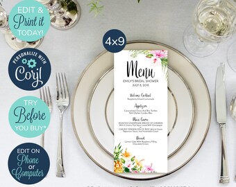 May include: A printable bridal shower menu template with a tropical floral design. The menu includes a welcome cocktail, appetizers, main course, and dessert. The text on the menu reads "Emily's Bridal Shower, July 8, 2018".