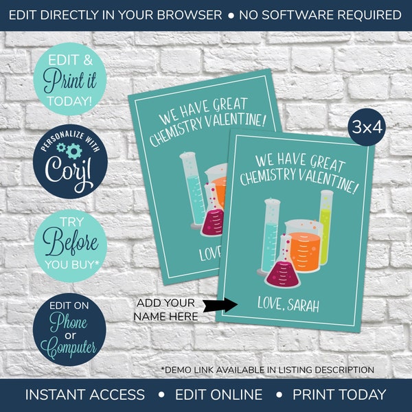 EDITABLE Chemistry Valentine's Day Cards, We have chemistry, printable valentine, classroom valentine, science valentine, geek
