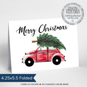 Cartão de felicitações de feliz Natal para impressão, cartão de felicitações de carro de árvore, cartão de felicitações simples, cartão de felicitações em branco, feliz natal, cartão de natal