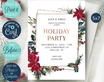 EDITABLE Christmas Party Invitation, Christmas Invitation, Christmas Invites, Dinner Party Invitation, Holiday Party Invitation, Poinsettia