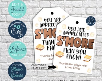 EDITABLE S&#39;more Appreciation Gift Tag, Teacher Staff Employee School Appreciation Week Gift, Appreciation Tag, Health Care Worker, Nurse