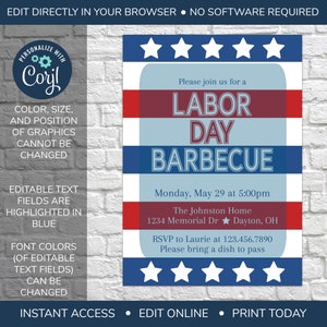 May include: A red, white, and blue printable invitation for a Labor Day barbecue. The invitation features stars, stripes, and the text "Labor Day Barbecue". The event is scheduled for Monday, May 29 at 5:00pm at The Johnston Home, 1234 Memorial Dr, Dayton, OH. RSVP to Laurie at 123.456.7890. Please bring a dish to pass.