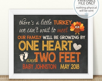 PRINTABLE Fall Pregnancy, Thanksgiving Pregnancy Announcement, Little Turkey, Growing By One Heart And Two Feet, Chalkboard Sign, Expecting