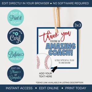 EDITABLE Baseball Coach Appreciation Gift Tag, Coach Gift Tag, Baseball Team Appreciation, Thank You to an Amazing Coach, End of Season