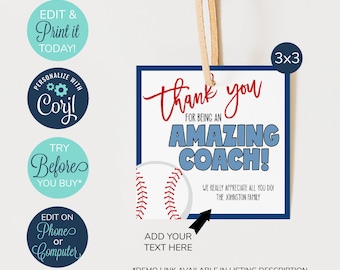 EDITABLE Baseball Coach Appreciation Gift Tag, Coach Gift Tag, Baseball Team Appreciation, Thank You to an Amazing Coach, End of Season