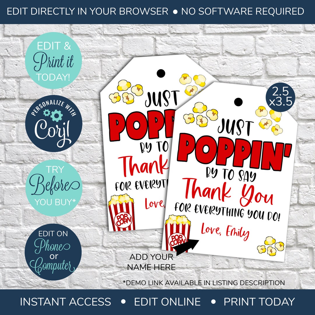 EDITABLE Popcorn Appreciation Gift Tag, Teacher Staff Employee School ...