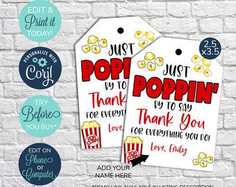 EDITABLE Popcorn Appreciation Gift Tag, Teacher Staff Employee School Appreciation Week Gift, Appreciation Tag, Health Care Worker, Nurse