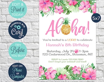 Invitaciones de cumpleaños EDITABLES de Luau, invitaciones de piña Aloha, invitación de cumpleaños de verano, cumpleaños de adultos, cumpleaños de niños, fiesta temática hawaiana