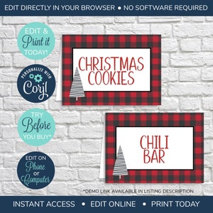 EDITIERBARE Buffalo Plaid Party Food Zelte, Christms Party Food Etiketten, druckbare Weihnachtsdekorationen, Weihnachts Food Zelte
