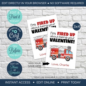 EDITABLE Classroom Valentine's Day Cards, I'm Fired Up, Fire Truck Valentine, printable valentine, Fireman valentine, Rescue Valentine