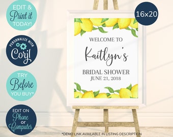 Peut inclure: Une pancarte d'accueil de fête de mariage imprimable sur le thème du citron. La pancarte est blanche avec du texte noir et présente une illustration aquarelle de citrons et de feuilles. Le texte indique "Bienvenue à Kaitlyn's Bridal Shower June 21, 2018".