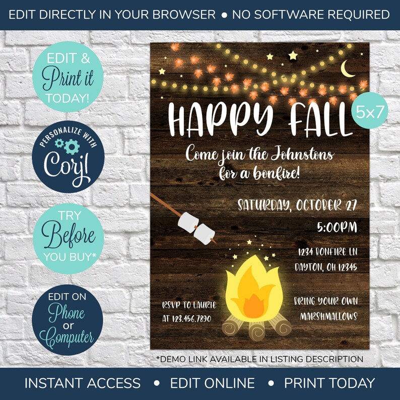 May include: A printable invitation for a bonfire party with a rustic wood background. The invitation says "Happy Fall" and includes details about the event, including the date, time, and location. The invitation also includes a graphic of a campfire with marshmallows.