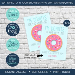 EDITABLE Classroom Valentine&#39;s Day Cards, Donuts About You, Donut Valentine Card, Donut Know valentine, Kids Valentine&#39;s Day Card