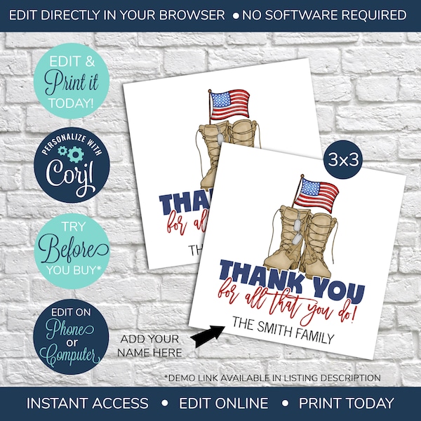 EDITABLE Military Thank You Gift Tag, Thank you for your service, Veteran's Day, 4th of July, Military, First Responder, Hero Bravery